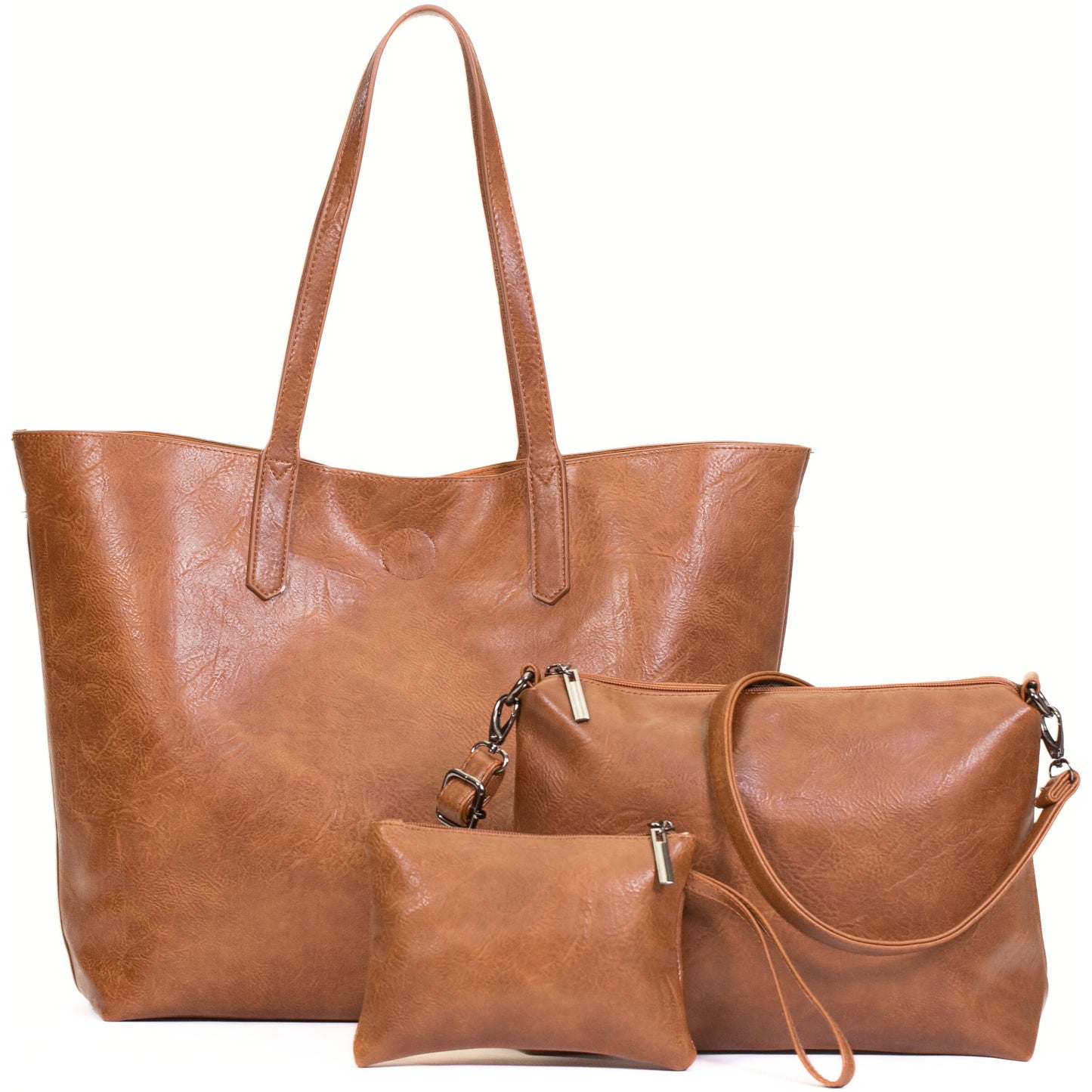 Phoebe - Oversized Vegan Leather 3-in-1 Tote Shoulder Bag with Crossbody & Pouch