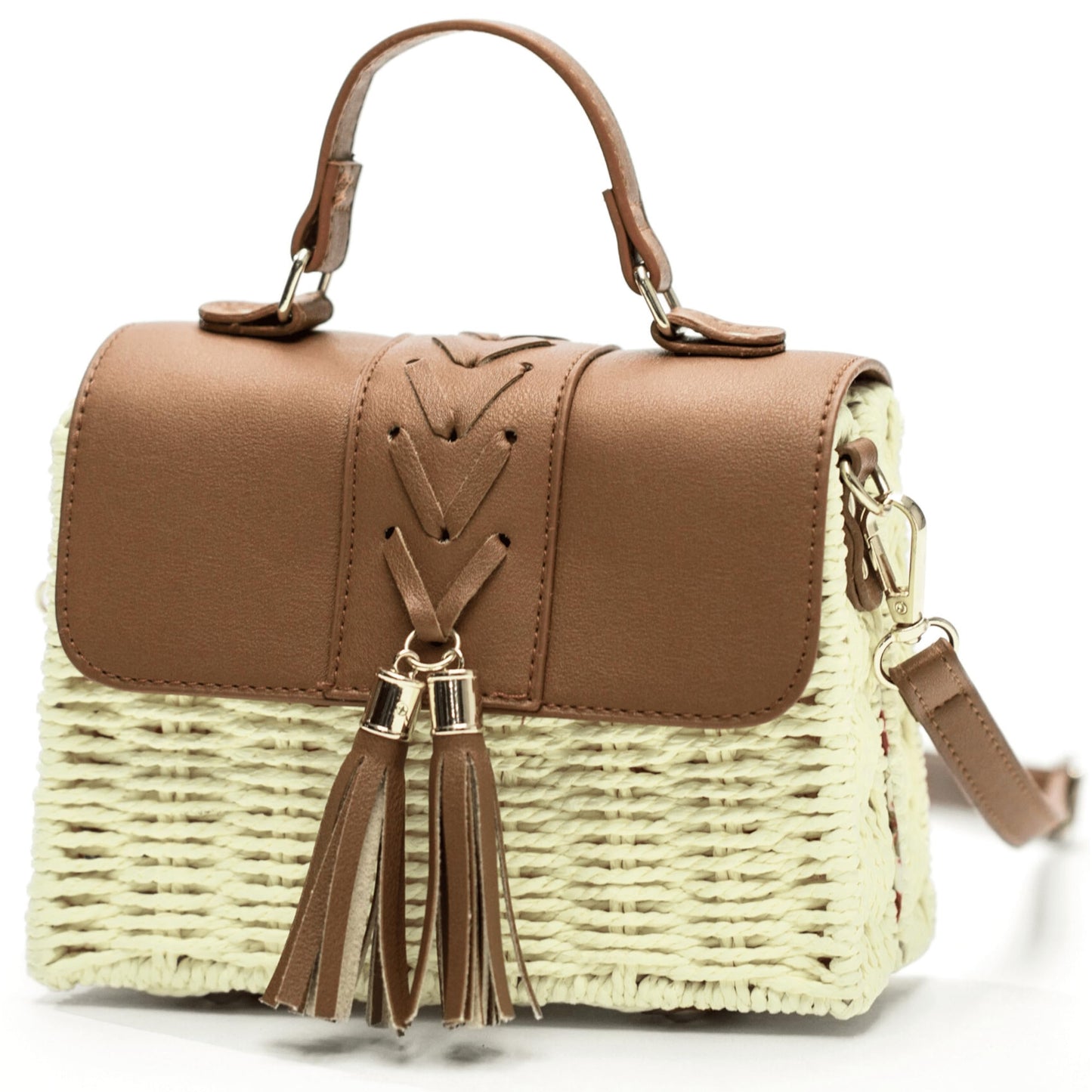 Lark - Structured Straw & Vegan Leather Boxy Shoulder Bag with Top Handle & Strap