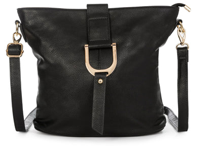Frankie - Vegan Leather Bucket Crossbody Bag with Flap, Zip & Horseshoe Detail
