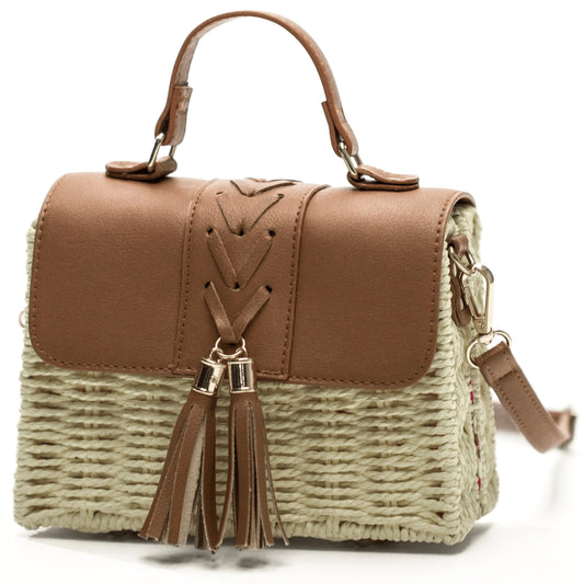 Lark - Structured Straw & Vegan Leather Boxy Shoulder Bag with Top Handle & Strap