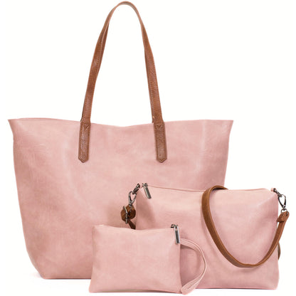 Phoebe - Oversized Vegan Leather 3-in-1 Tote Shoulder Bag with Crossbody & Pouch