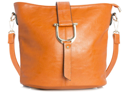 Frankie - Vegan Leather Bucket Crossbody Bag with Flap, Zip & Horseshoe Detail