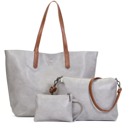 Phoebe - Oversized Vegan Leather 3-in-1 Tote Shoulder Bag with Crossbody & Pouch