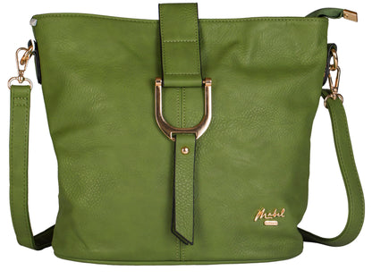 Frankie - Vegan Leather Bucket Crossbody Bag with Flap, Zip & Horseshoe Detail