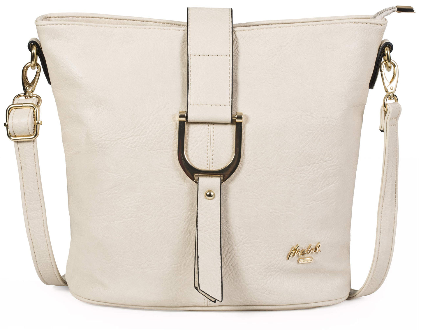 Frankie - Vegan Leather Bucket Crossbody Bag with Flap, Zip & Horseshoe Detail