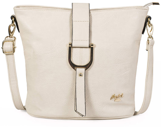 Frankie - Vegan Leather Bucket Crossbody Bag with Flap, Zip & Horseshoe Detail