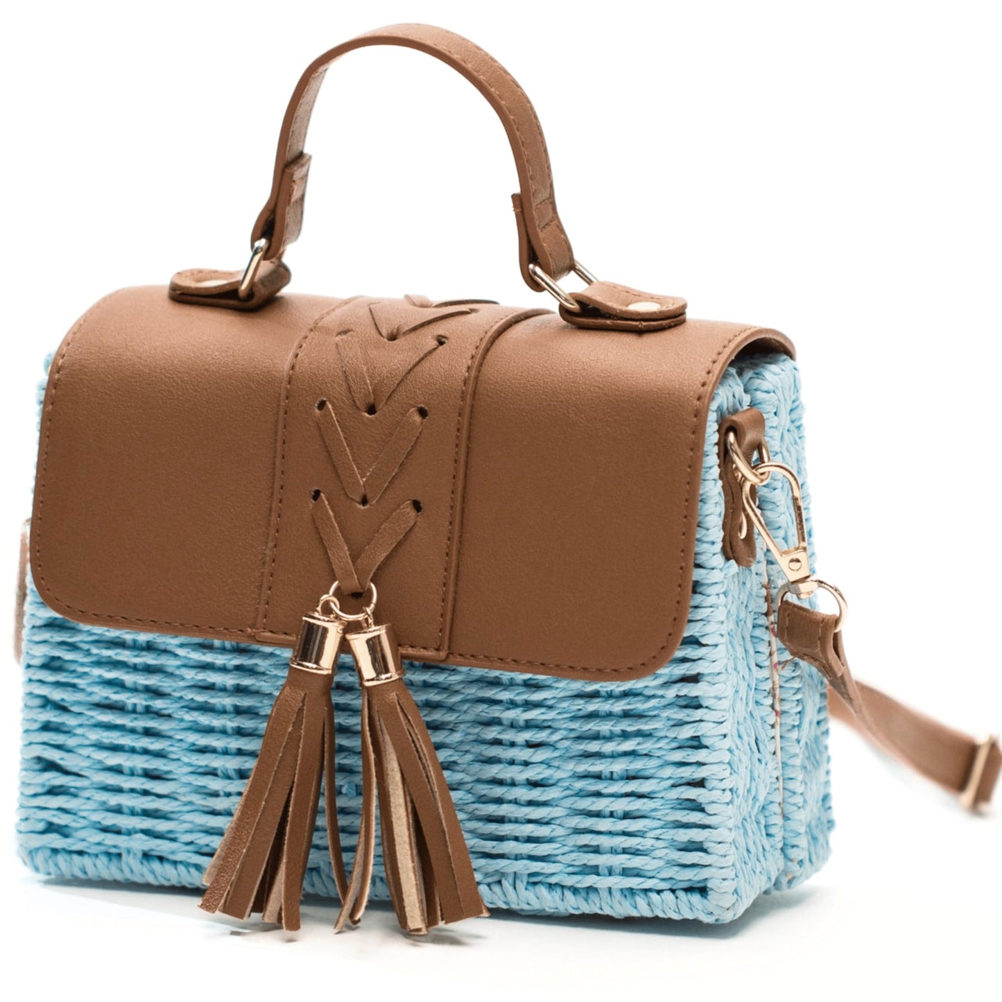 Lark - Structured Straw & Vegan Leather Boxy Shoulder Bag with Top Handle & Strap