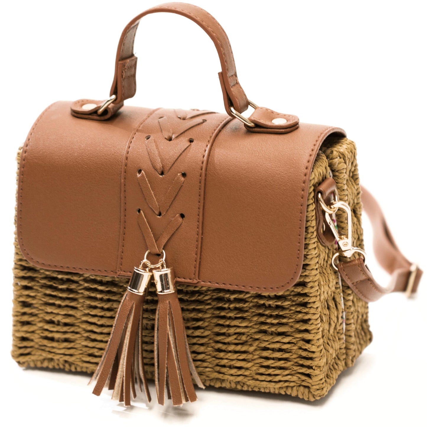 Lark - Structured Straw & Vegan Leather Boxy Shoulder Bag with Top Handle & Strap