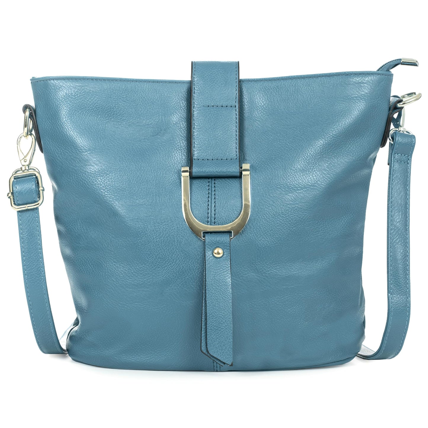 Frankie - Vegan Leather Bucket Crossbody Bag with Flap, Zip & Horseshoe Detail