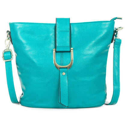 Frankie - Vegan Leather Bucket Crossbody Bag with Flap, Zip & Horseshoe Detail