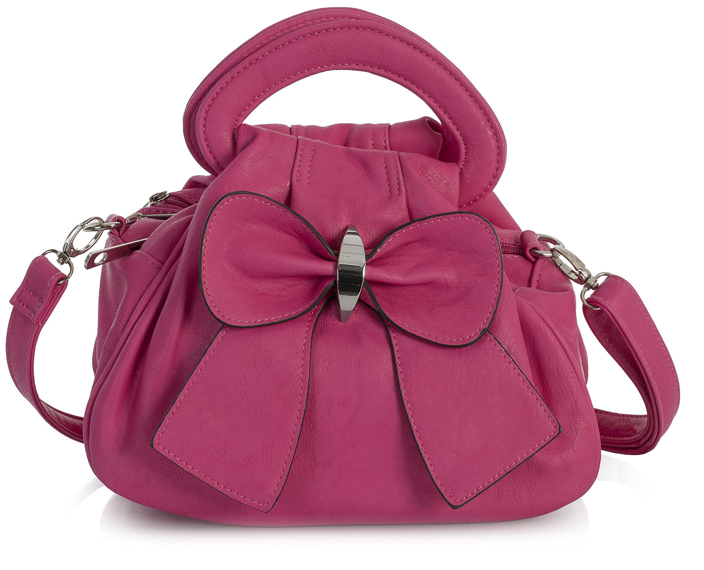 Rea - Small Vegan Leather Bow Detail Shoulder Handbag with Multiple Zip Pockets
