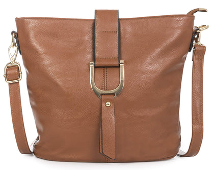 Frankie - Vegan Leather Bucket Crossbody Bag with Flap, Zip & Horseshoe Detail