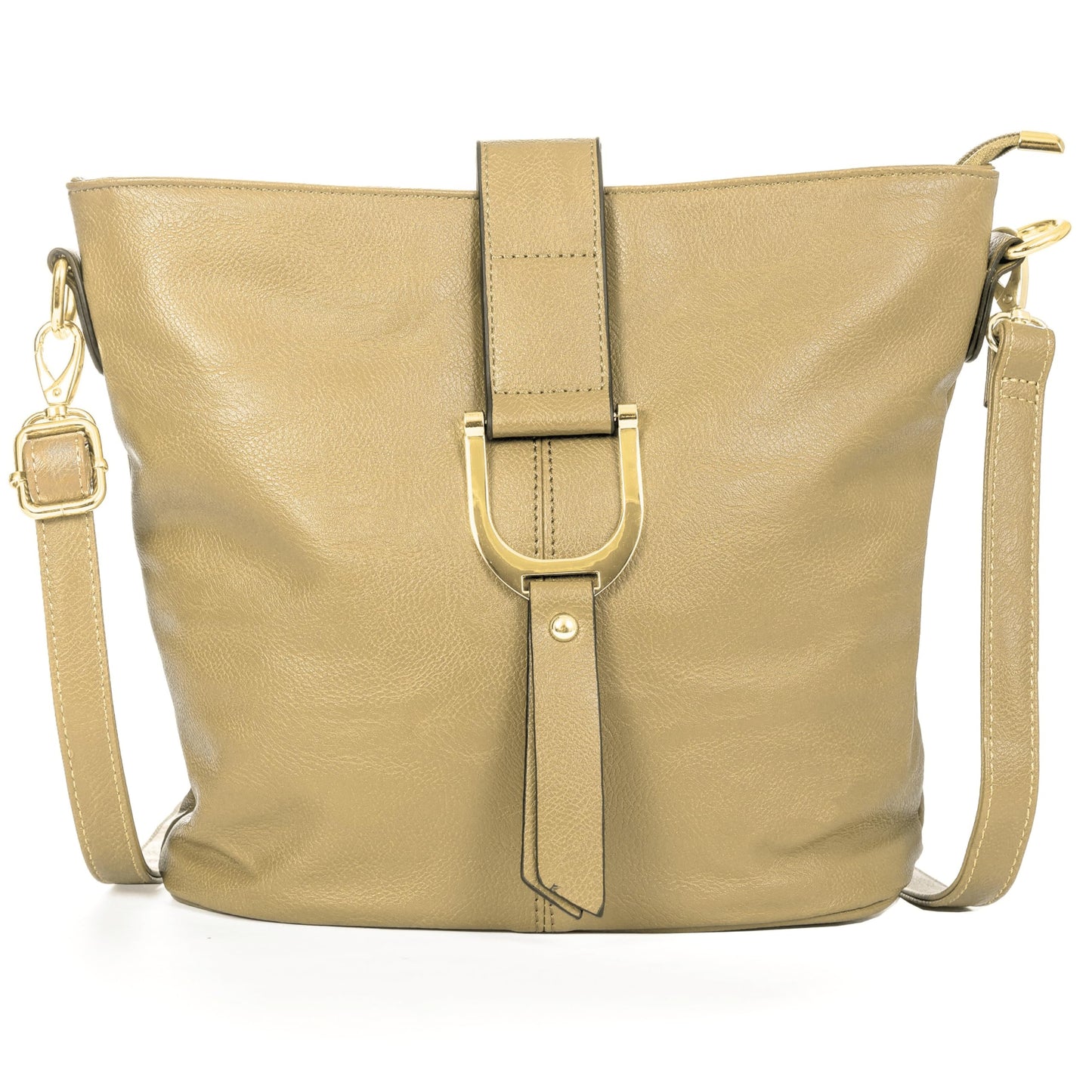 Frankie - Vegan Leather Bucket Crossbody Bag with Flap, Zip & Horseshoe Detail