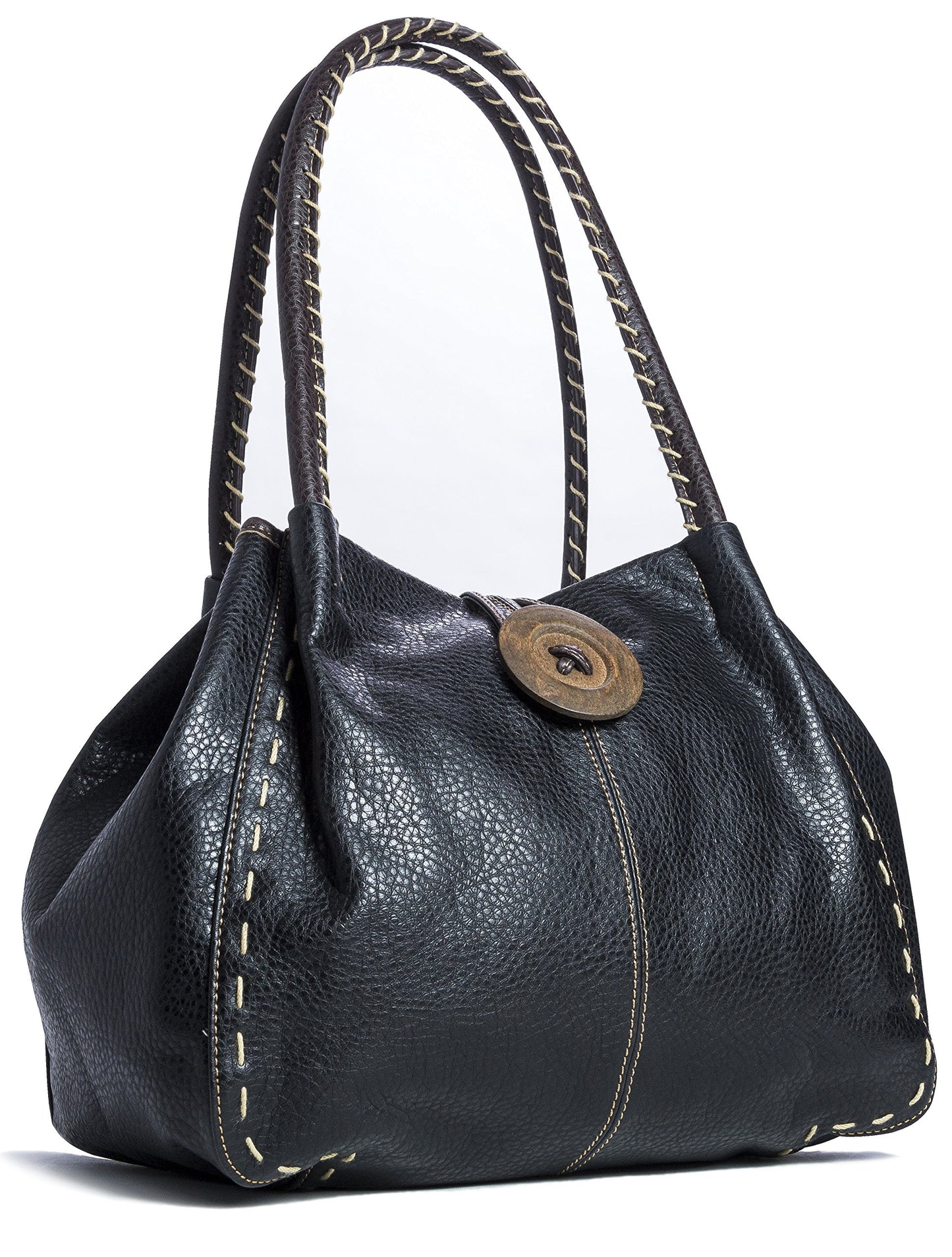 Olivia - Faux Leather Shoulder Handbag with Wooden Button & Organised Interior
