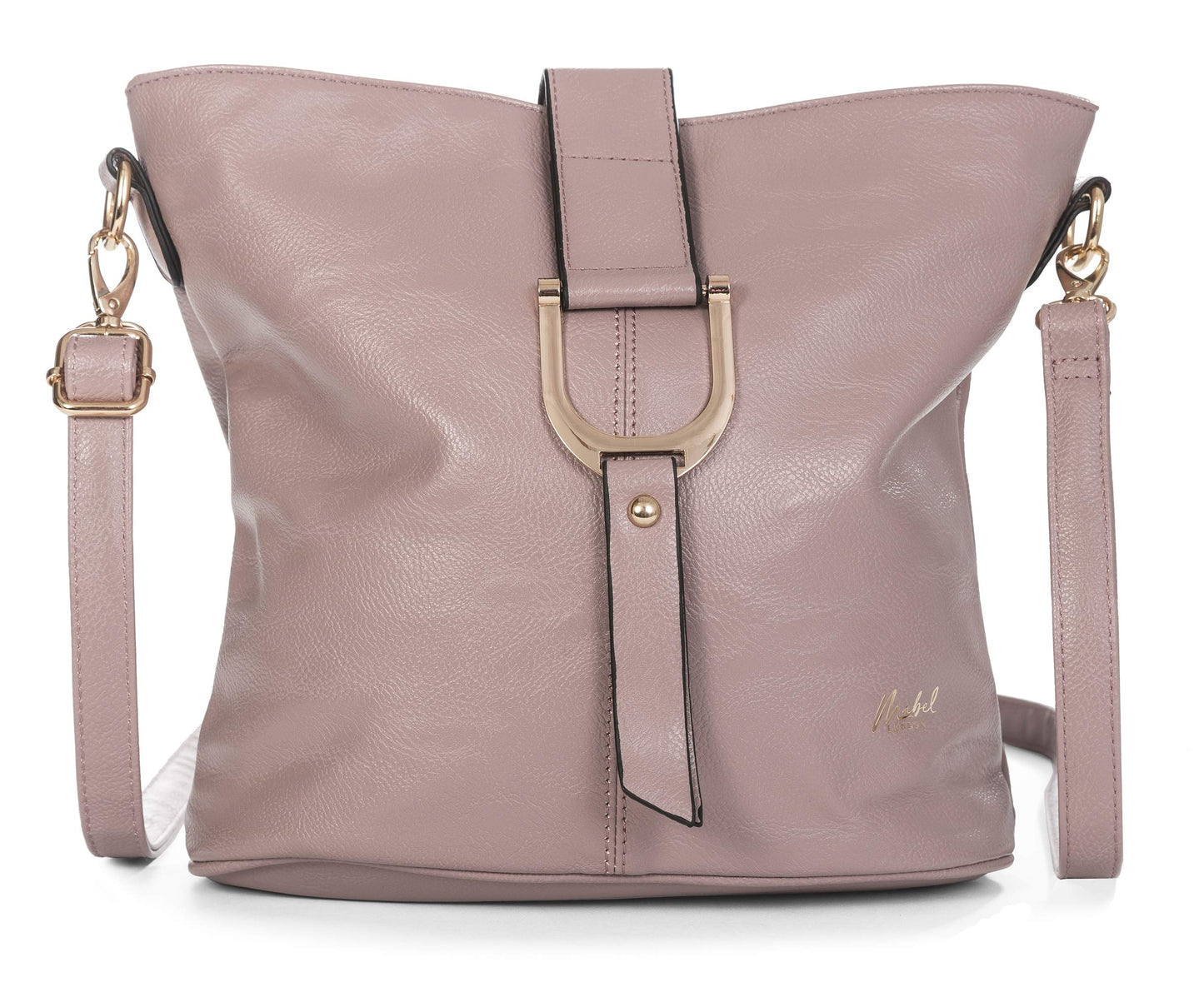 Frankie - Vegan Leather Bucket Crossbody Bag with Flap, Zip & Horseshoe Detail