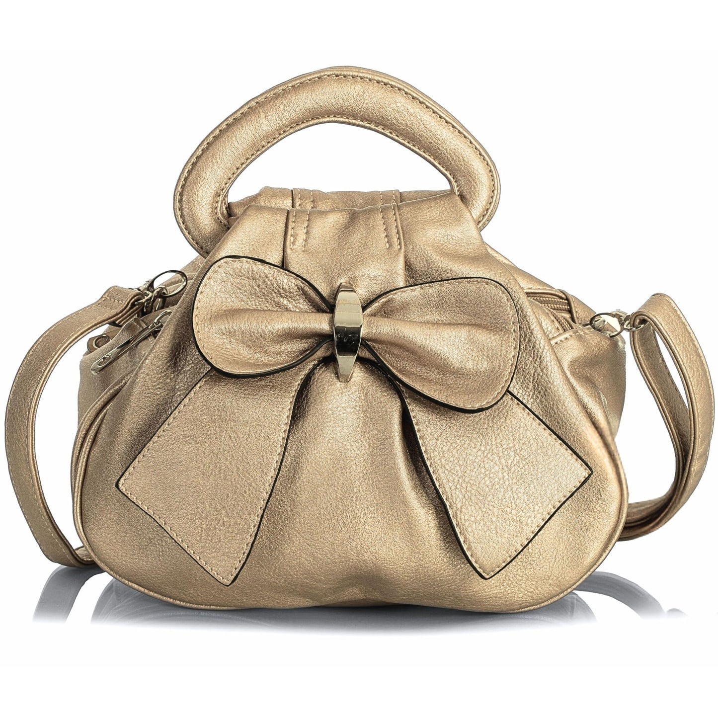 Rea - Small Vegan Leather Bow Detail Shoulder Handbag with Multiple Zip Pockets