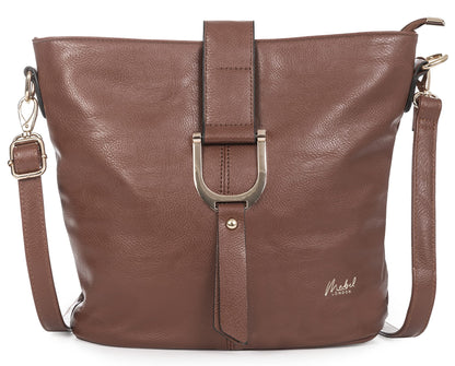 Frankie - Vegan Leather Bucket Crossbody Bag with Flap, Zip & Horseshoe Detail