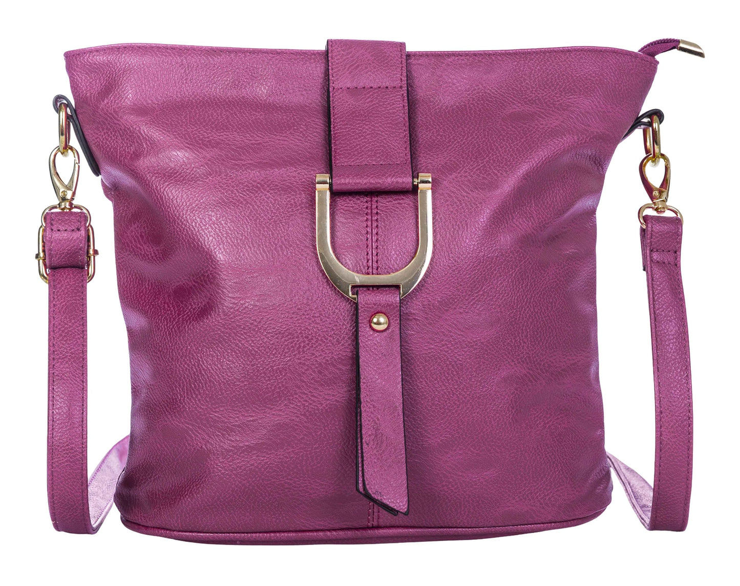 Frankie - Vegan Leather Bucket Crossbody Bag with Flap, Zip & Horseshoe Detail