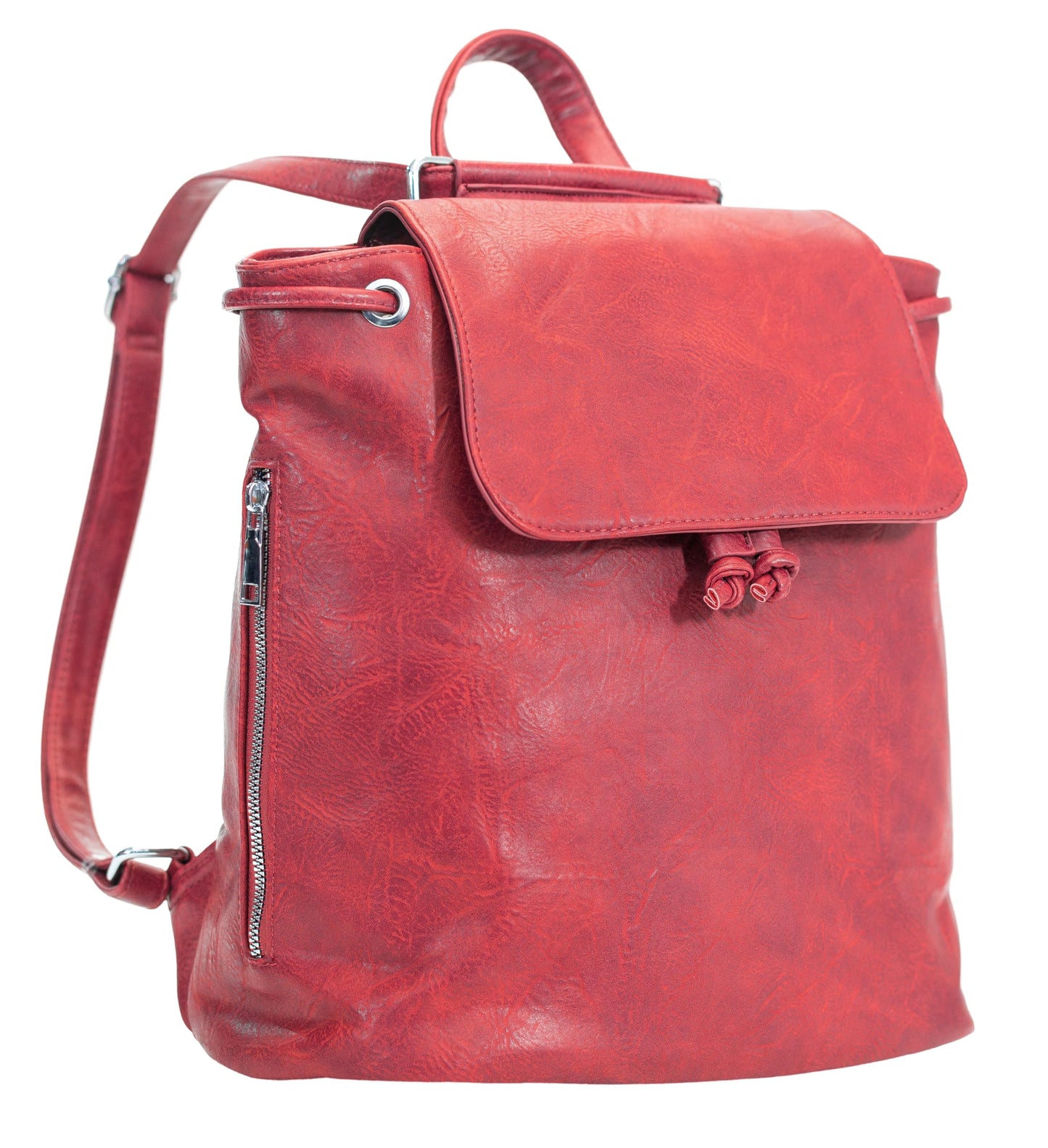 Jude - Stylish Faux Leather Flap Top Backpack with Drawstring & Zip Pockets