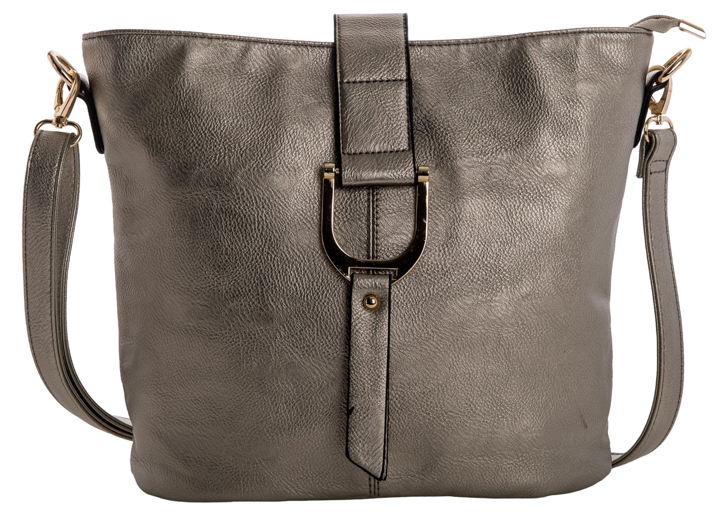 Frankie - Vegan Leather Bucket Crossbody Bag with Flap, Zip & Horseshoe Detail