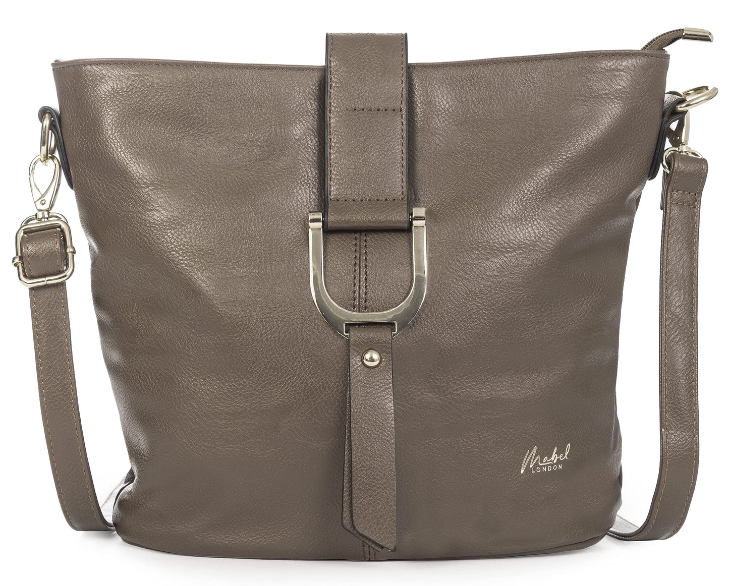 Frankie - Vegan Leather Bucket Crossbody Bag with Flap, Zip & Horseshoe Detail