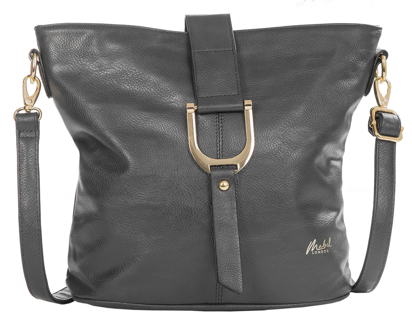 Frankie - Vegan Leather Bucket Crossbody Bag with Flap, Zip & Horseshoe Detail