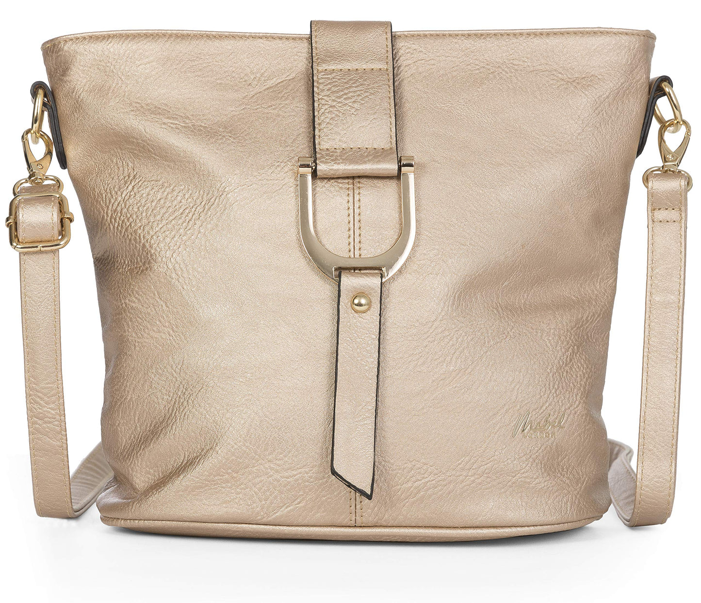 Frankie - Vegan Leather Bucket Crossbody Bag with Flap, Zip & Horseshoe Detail