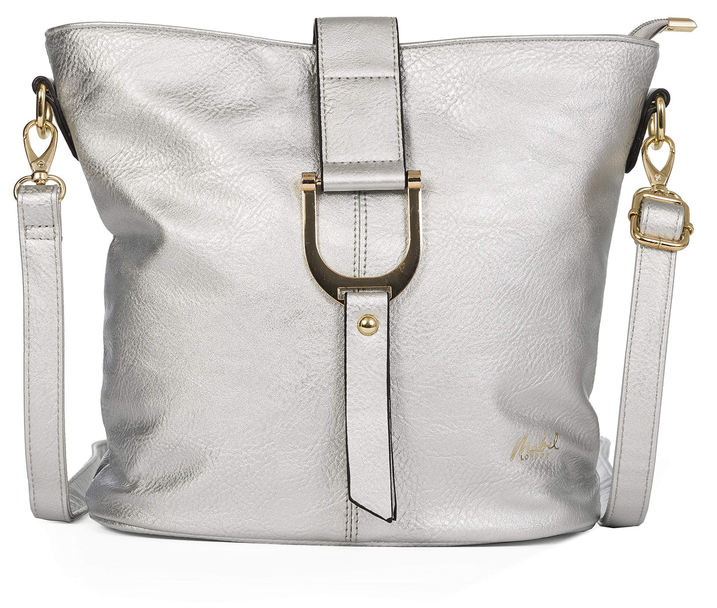 Frankie - Vegan Leather Bucket Crossbody Bag with Flap, Zip & Horseshoe Detail