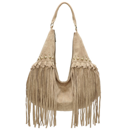 Boho Cowgirl Style Faux Suede Tote with Fringe - Hobo Shoulder Bag with Stud Detail & Crossbody Strap - Meg