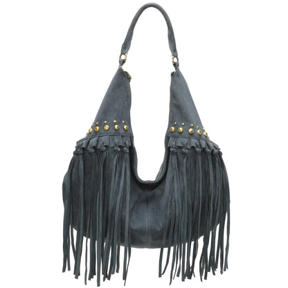 Boho Cowgirl Style Faux Suede Tote with Fringe - Hobo Shoulder Bag with Stud Detail & Crossbody Strap - Meg