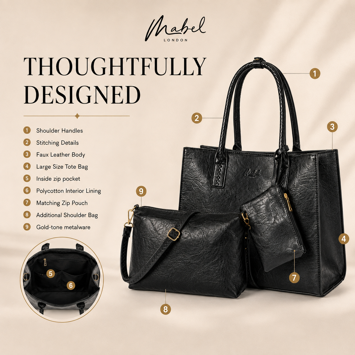 Ava - 3-in-1 Vegan Leather Tote Satchel Set with Crossbody & Pouch