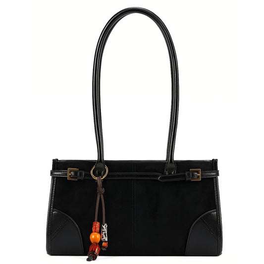 Elegant Faux Suede & Leather Shoulder Bag for Women - Structured Rectangular Handbag - Sloane