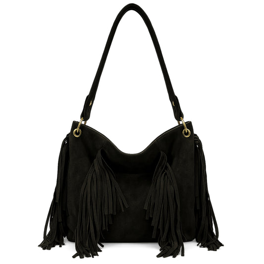 Boho Fringe Shoulder Bag for Women in Soft Faux Suede - Hobo Slouch Handbag - Rory