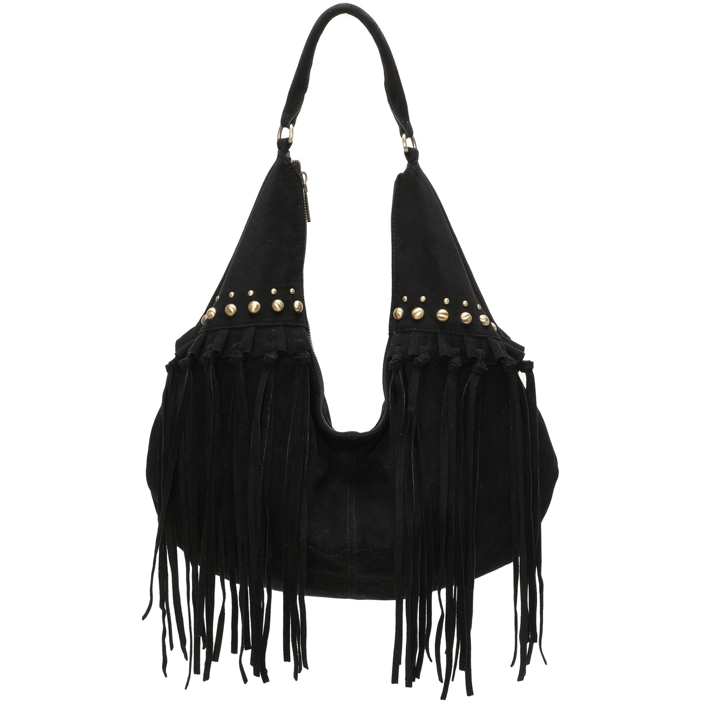Boho Cowgirl Style Faux Suede Tote with Fringe - Hobo Shoulder Bag with Stud Detail & Crossbody Strap - Meg