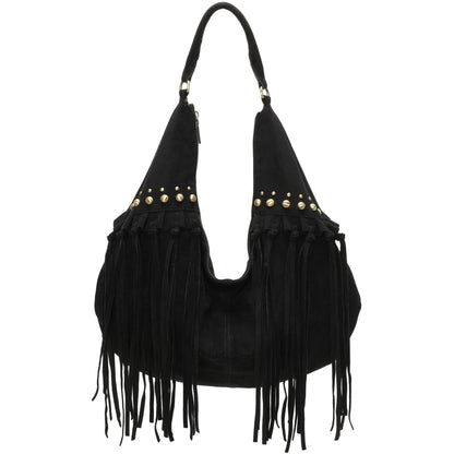 Boho Cowgirl Style Faux Suede Tote with Fringe - Hobo Shoulder Bag with Stud Detail & Crossbody Strap - Meg