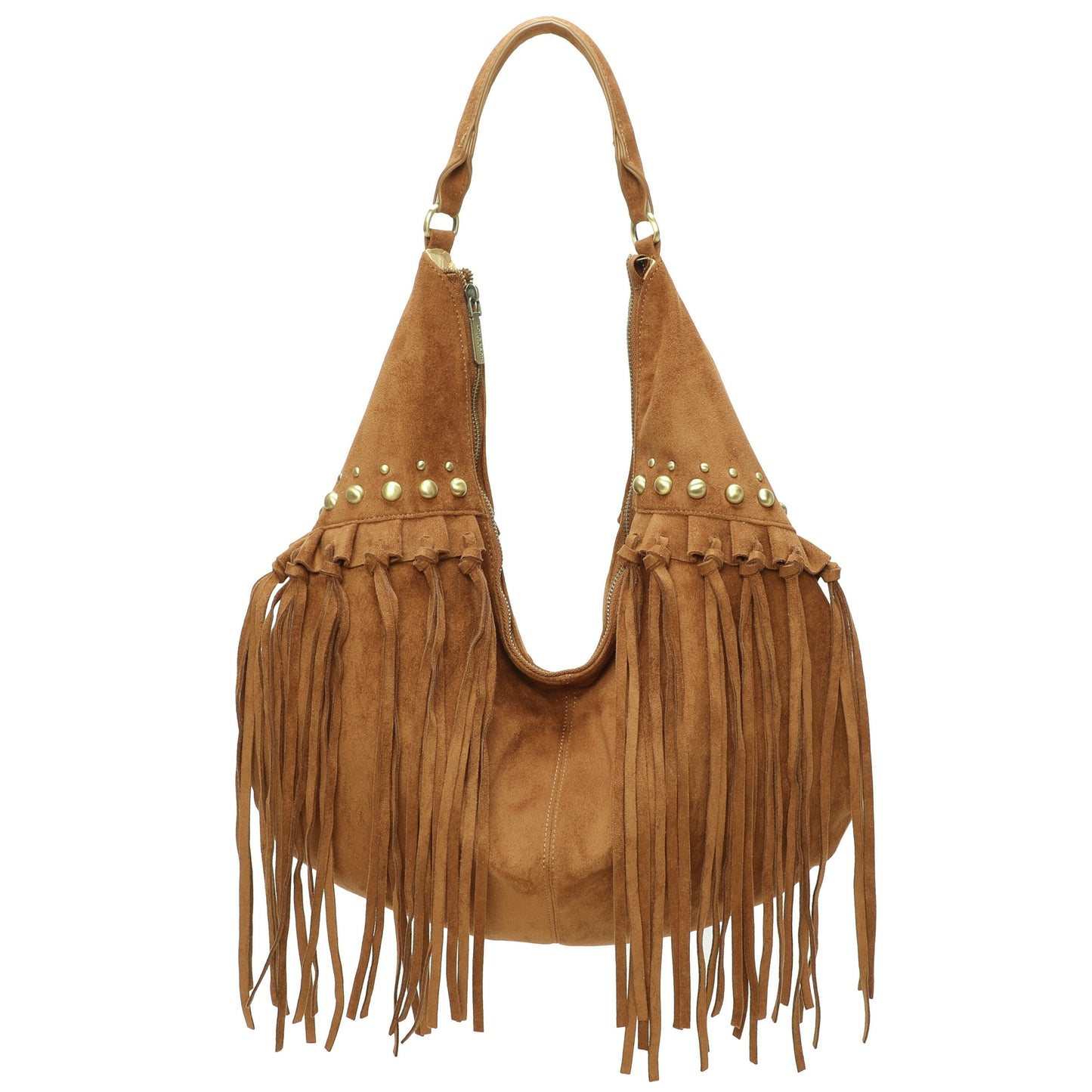 Boho Cowgirl Style Faux Suede Tote with Fringe - Hobo Shoulder Bag with Stud Detail & Crossbody Strap - Meg