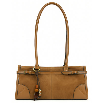 Elegant Faux Suede & Leather Shoulder Bag for Women - Structured Rectangular Handbag - Sloane