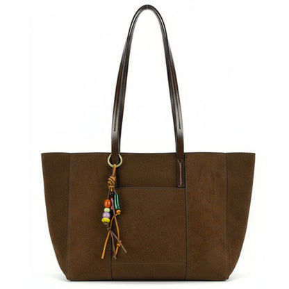 Vegan Suede Shoulder Tote Bag with Zip Opening & Removable Inner Pouch with Dual Handles - Lauren