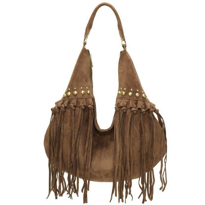 Boho Cowgirl Style Faux Suede Tote with Fringe - Hobo Shoulder Bag with Stud Detail & Crossbody Strap - Meg