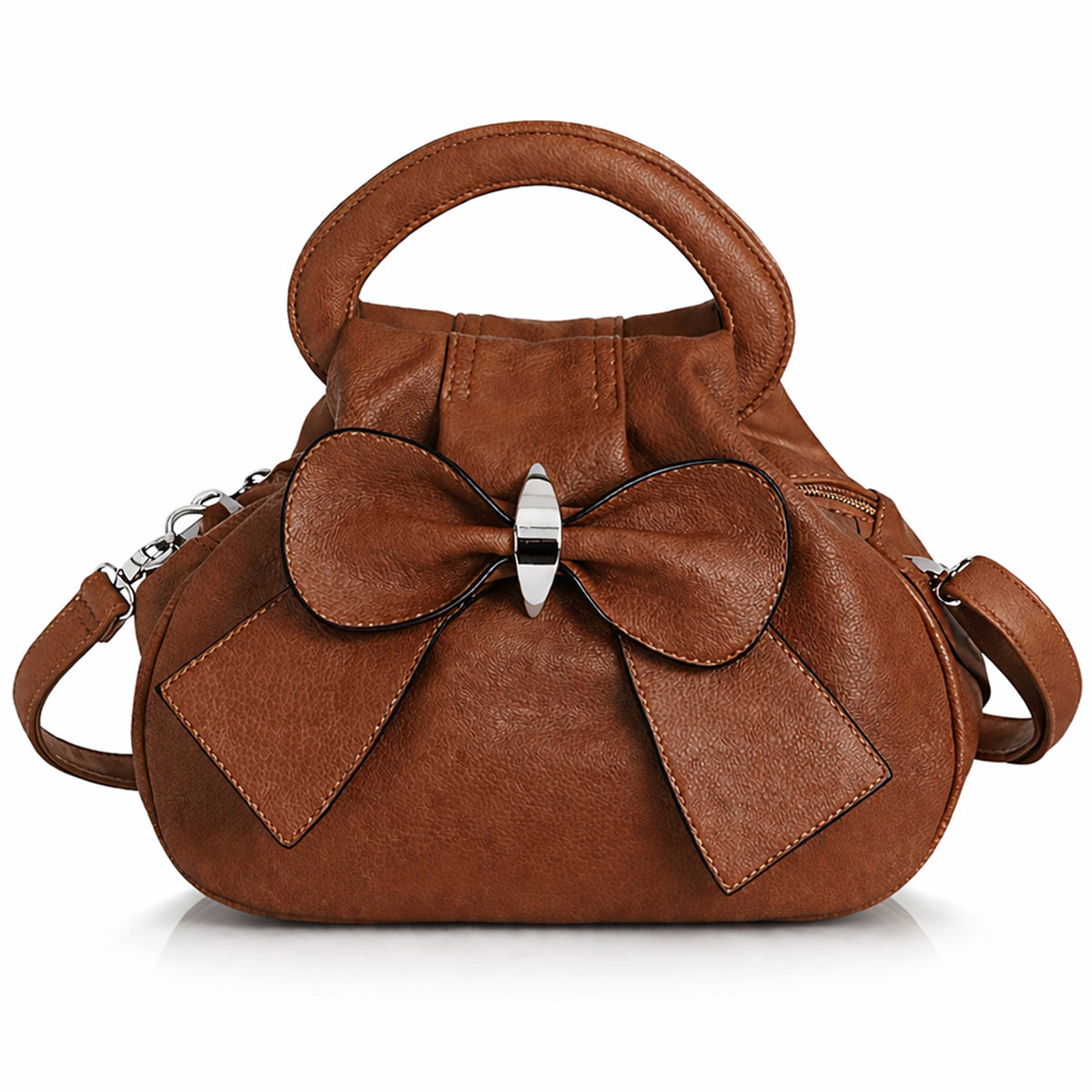 Rea - Small Vegan Leather Bow Detail Shoulder Handbag with Multiple Zip Pockets