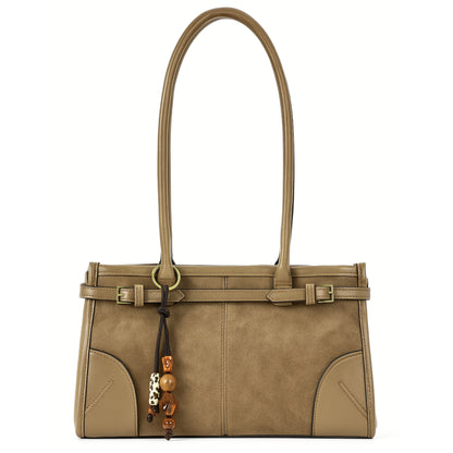 Elegant Faux Suede & Leather Shoulder Bag for Women - Structured Rectangular Handbag - Sloane