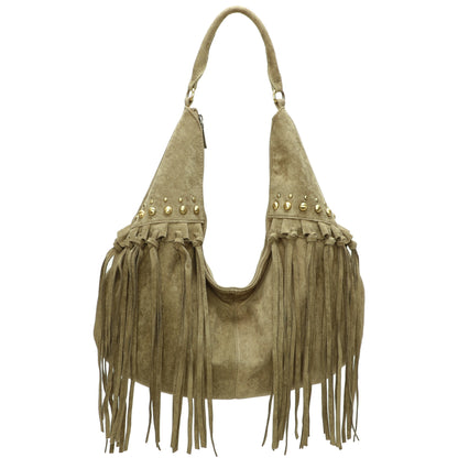 Boho Cowgirl Style Faux Suede Tote with Fringe - Hobo Shoulder Bag with Stud Detail & Crossbody Strap - Meg
