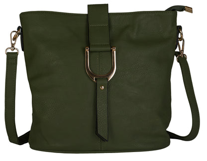 Frankie - Vegan Leather Bucket Crossbody Bag with Flap, Zip & Horseshoe Detail