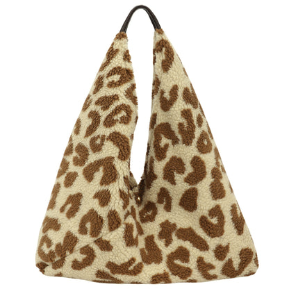 Soft Teddy Fleece Hobo Shoulder Bag with Snap Closure & Matching Pouch - Cosy Winter Tote Bag - Kristyna