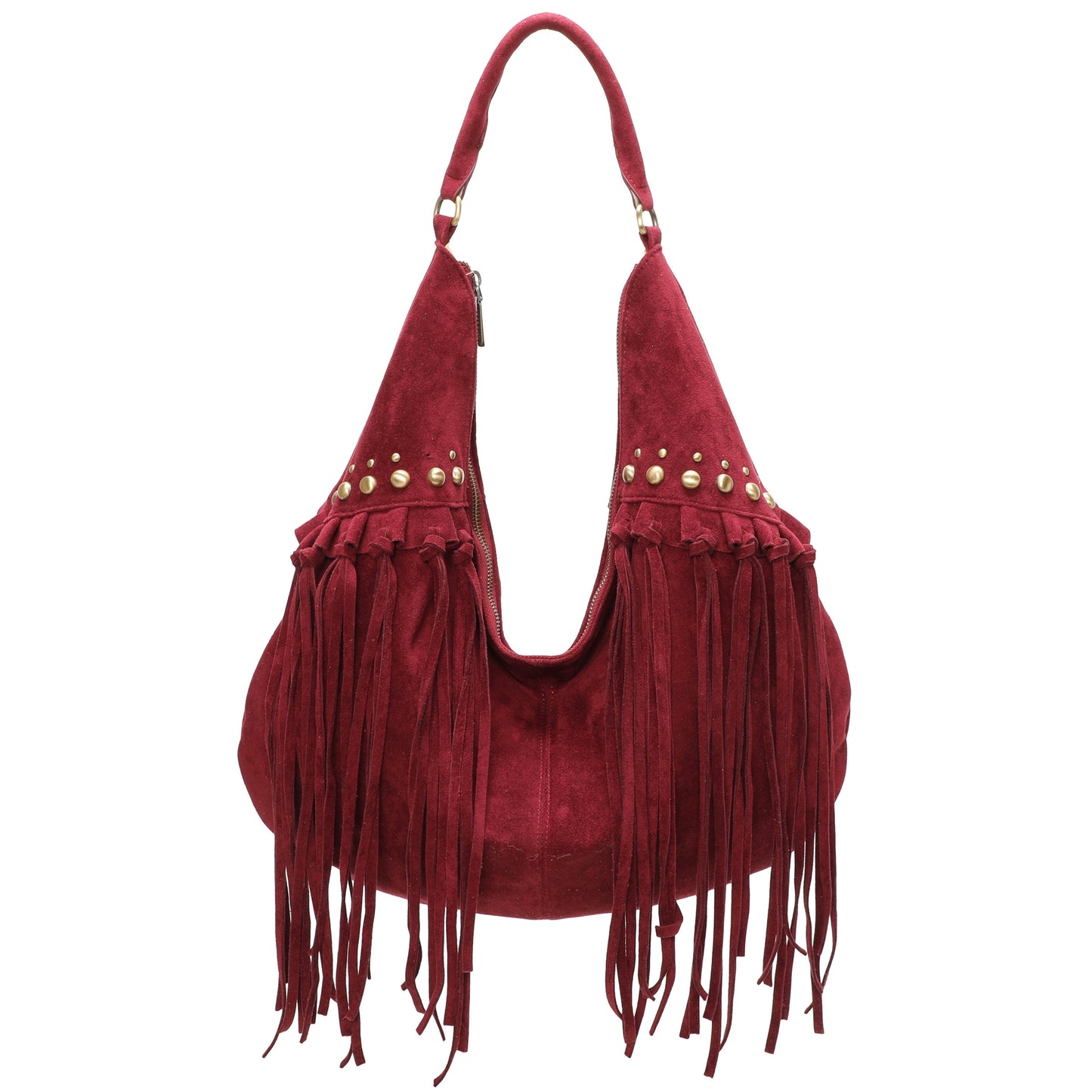 Boho Cowgirl Style Faux Suede Tote with Fringe - Hobo Shoulder Bag with Stud Detail & Crossbody Strap - Meg