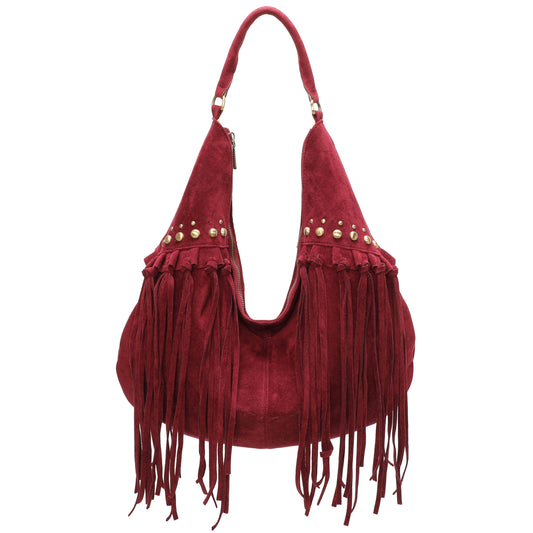 Boho Cowgirl Style Faux Suede Tote with Fringe - Hobo Shoulder Bag with Stud Detail & Crossbody Strap - Meg
