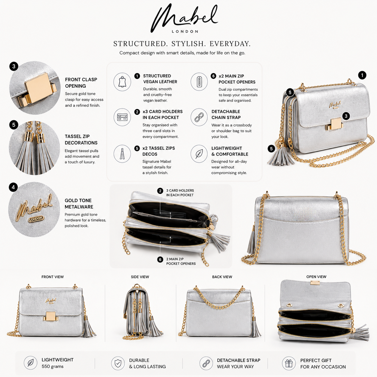Skylar - Vegan Leather Party Wedding Clutch Bag with Detachable Crossbody Strap