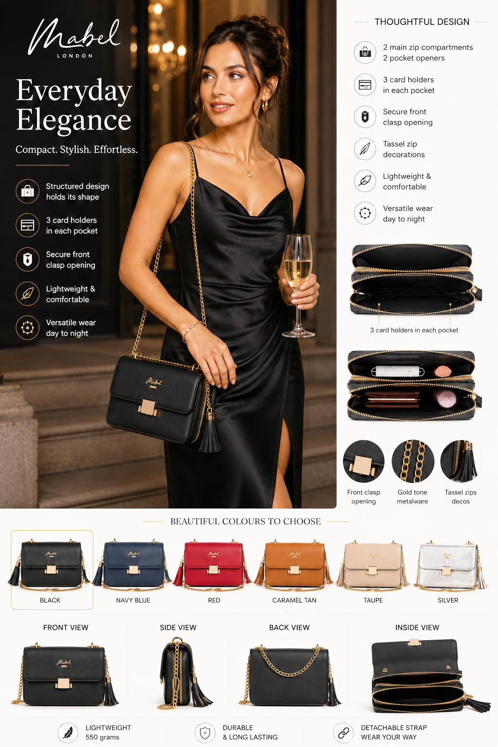 Skylar - Vegan Leather Party Wedding Clutch Bag with Detachable Crossbody Strap