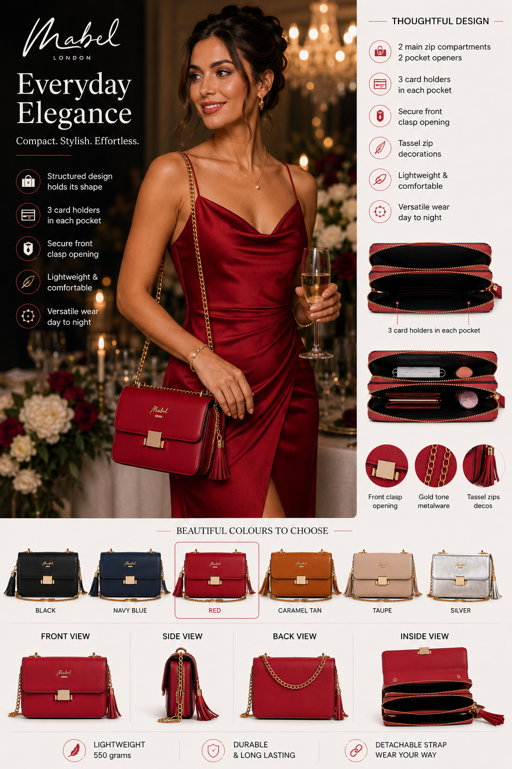 Skylar - Vegan Leather Party Wedding Clutch Bag with Detachable Crossbody Strap