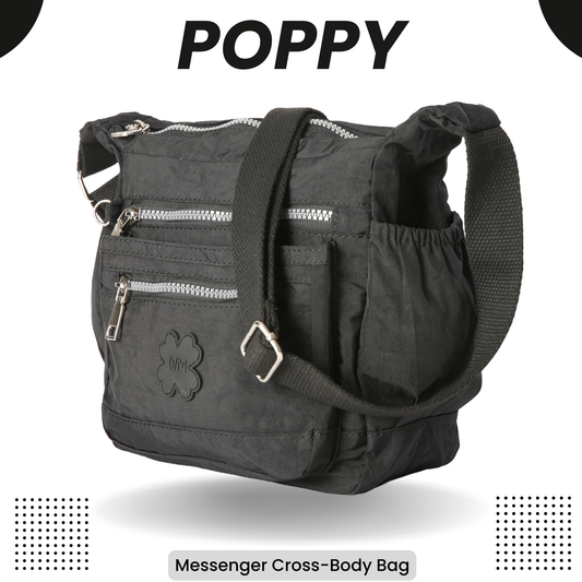 Womens Lightweight Cross Body Handbag - Medium Size Multipocket Rainproof Fabric Messenger Cross-Body Bag - Poppy
